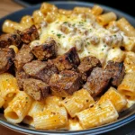 Cajun Steak Tips In Cheesy Rigatoni Parmesan Sauce