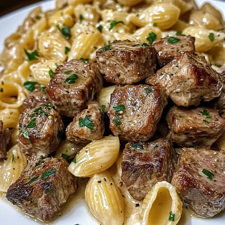Garlic Herb Steak Cubes With Creamy Shell Pasta