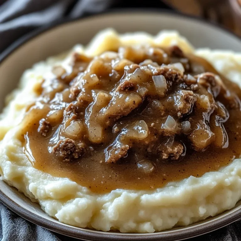 Delicious chicken hamburger Gravy Over Mashed Potatoes